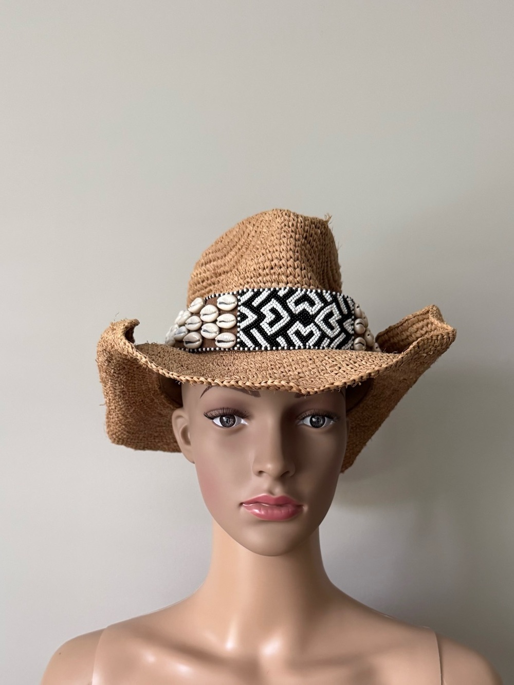 Free People Tan Straw Cowboy Hat with Beaded Shell Band